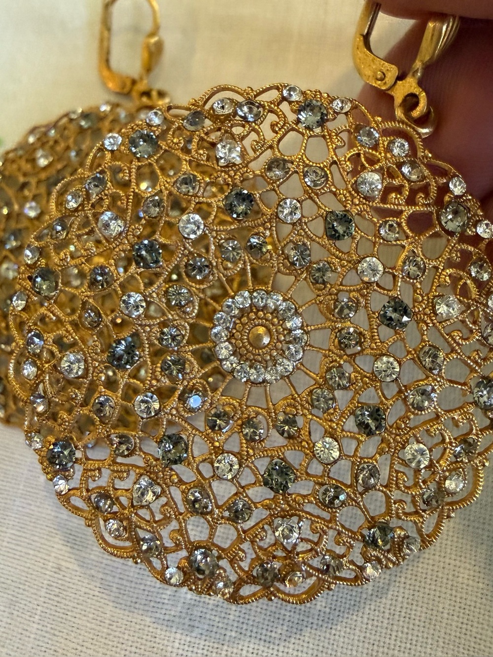 Catherine Popesco Earrings 14K Gold Plated Filigree Round Lace Medallion Crystal